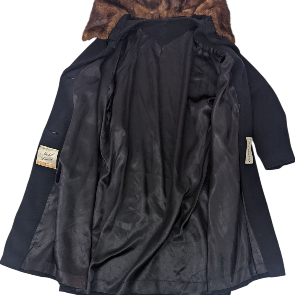 Vintage 60s Fur Collar Cashmere Coat Jacket Womens Medium Black Mink Brown - Picture 15 of 16